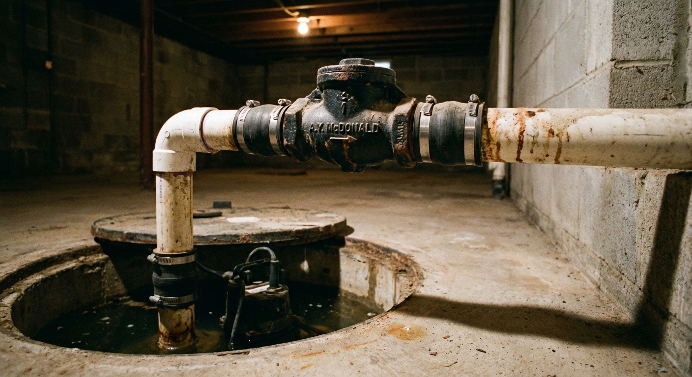 A close-up photo of a sump pump discharge pipe with a check valve installed above the pit in a basement, realistic lighting