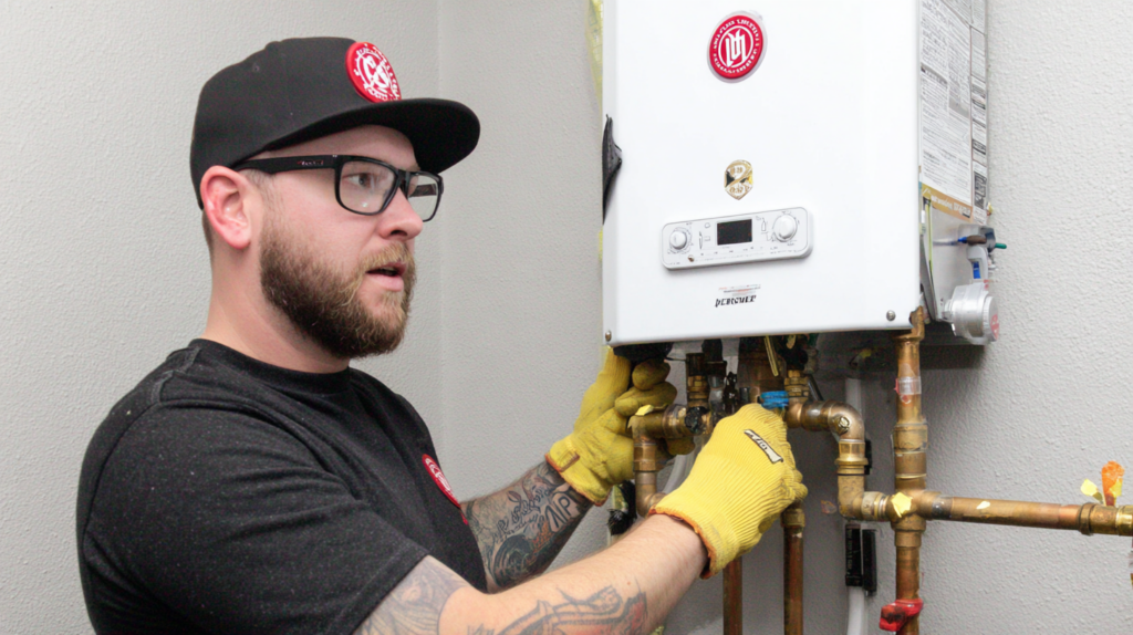 A close-up photo of a tankless water heater control panel showing an error code on the digital display in a home utility area
