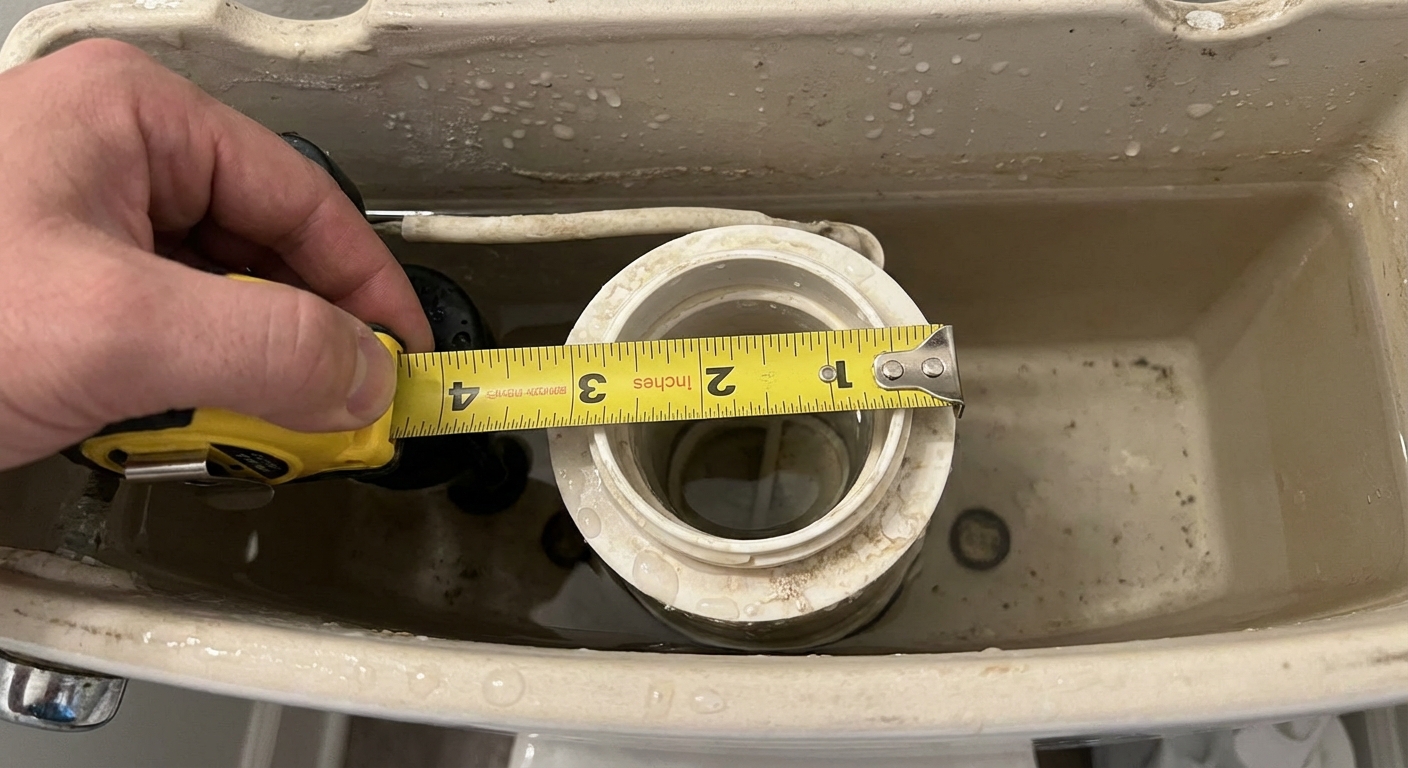 A close-up photo of a tape measure held across the round flush valve opening inside a toilet tank to measure the diameter, natural indoor lighting, photorealistic
