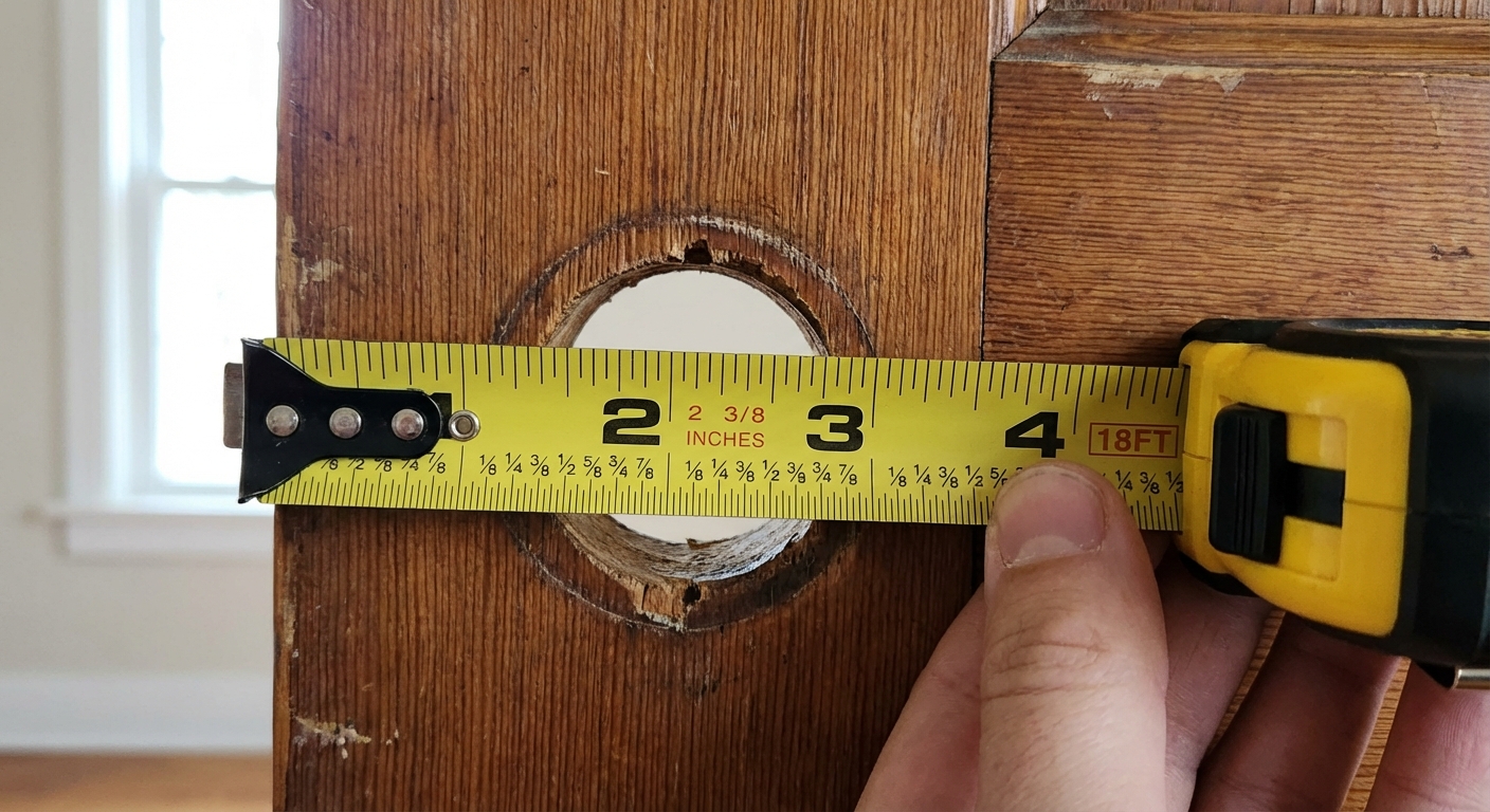 A close-up photo of a tape measure stretched from the edge of a wooden door to the center of the circular doorknob hole, showing how backset is measured, realistic indoor lighting