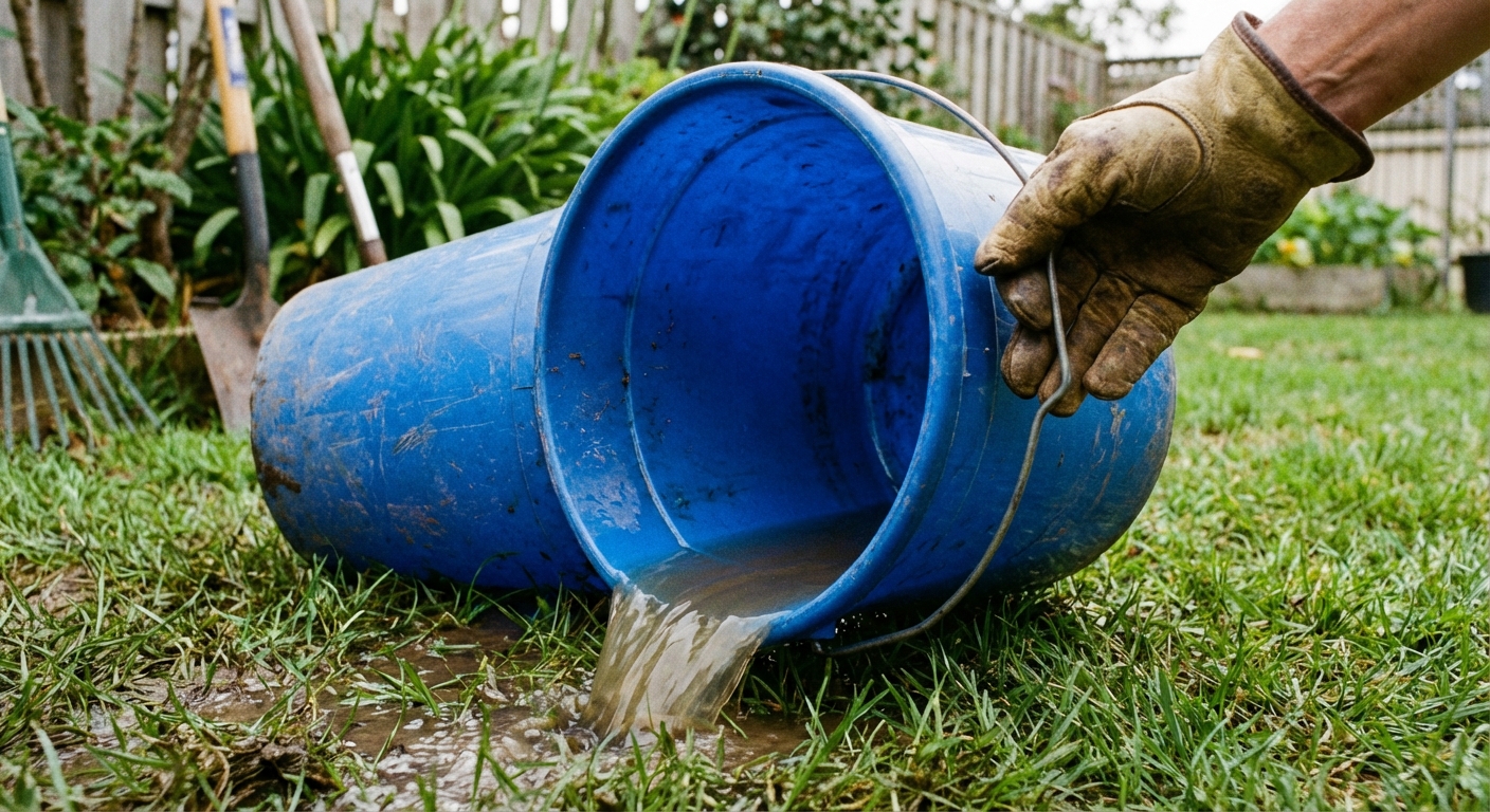 A close-up photo of a tipped-over plastic bucket in a backyard with water spilling out onto grass, a homeowner wearing work gloves holding the bucket, daytime, photorealistic