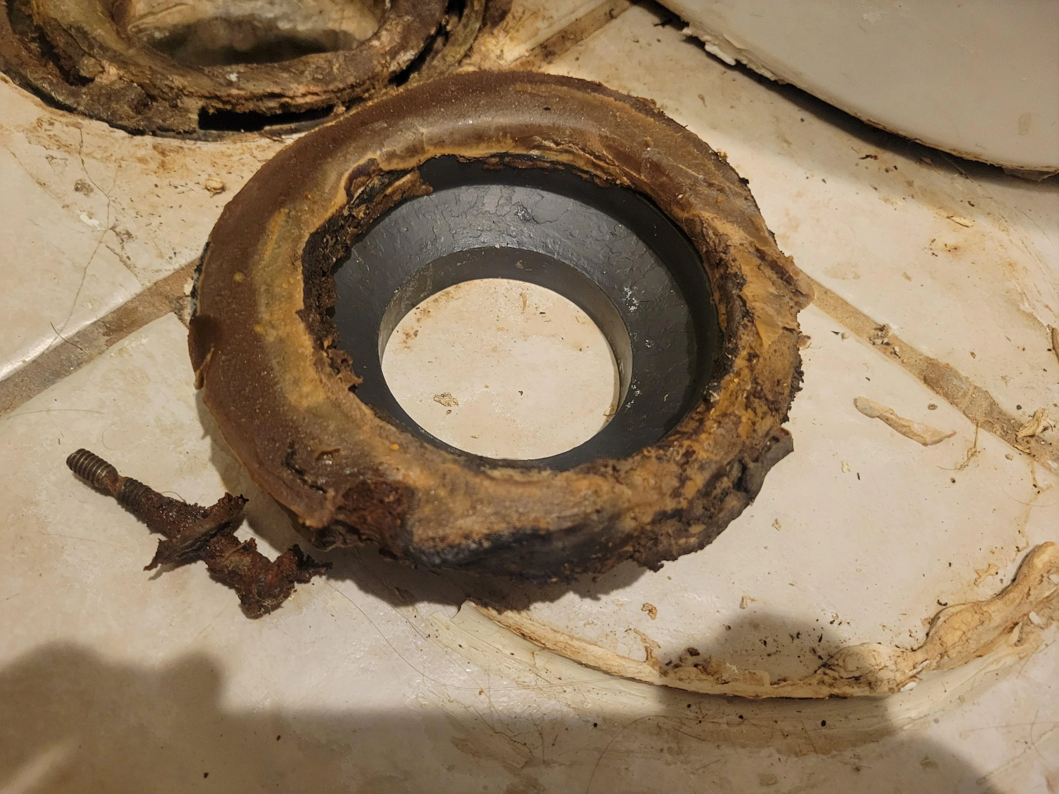 A close-up photo of a toilet closet flange on a bathroom floor being inspected for cracks near the bolt slots