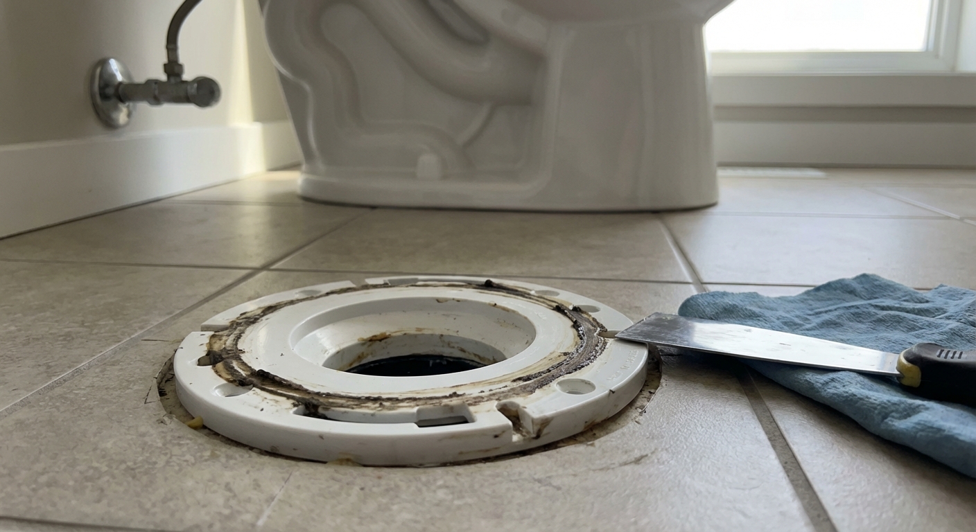 A close-up photo of a toilet flange on a bathroom floor with old wax scraped away