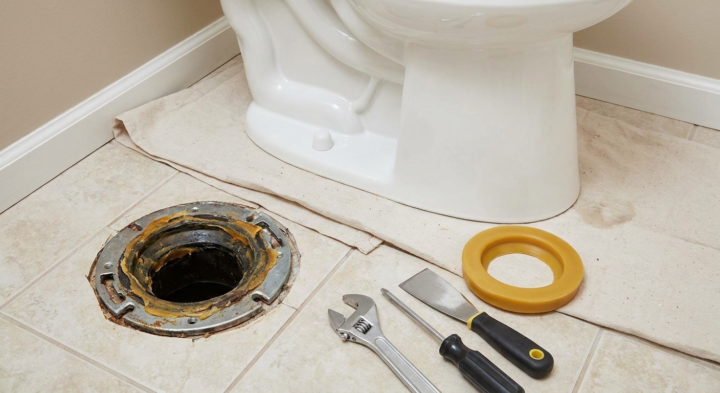 A close-up photo of a toilet removed from a bathroom, with the flange visible on the floor and a new wax ring and tools set nearby