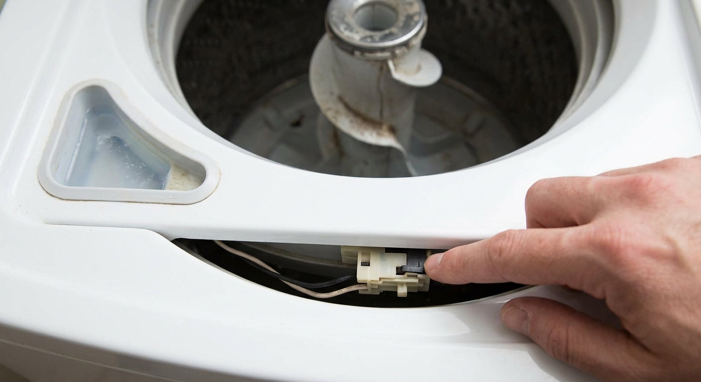 A close-up photo of a top-loading washing machine lid open with a hand pointing at the lid switch area near the rim, photorealistic