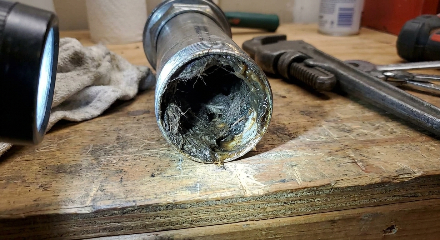 A close-up photo of a utility sink drain tailpiece removed from under the sink, showing visible lint and greasy buildup inside the pipe