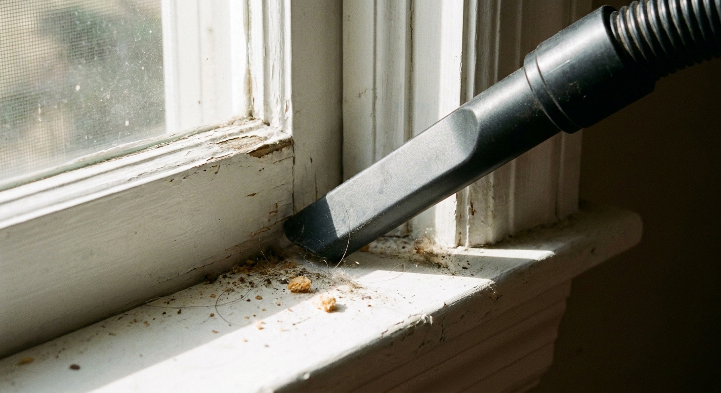 A close-up photo of a vacuum crevice tool cleaning along a white painted window sill inside a home