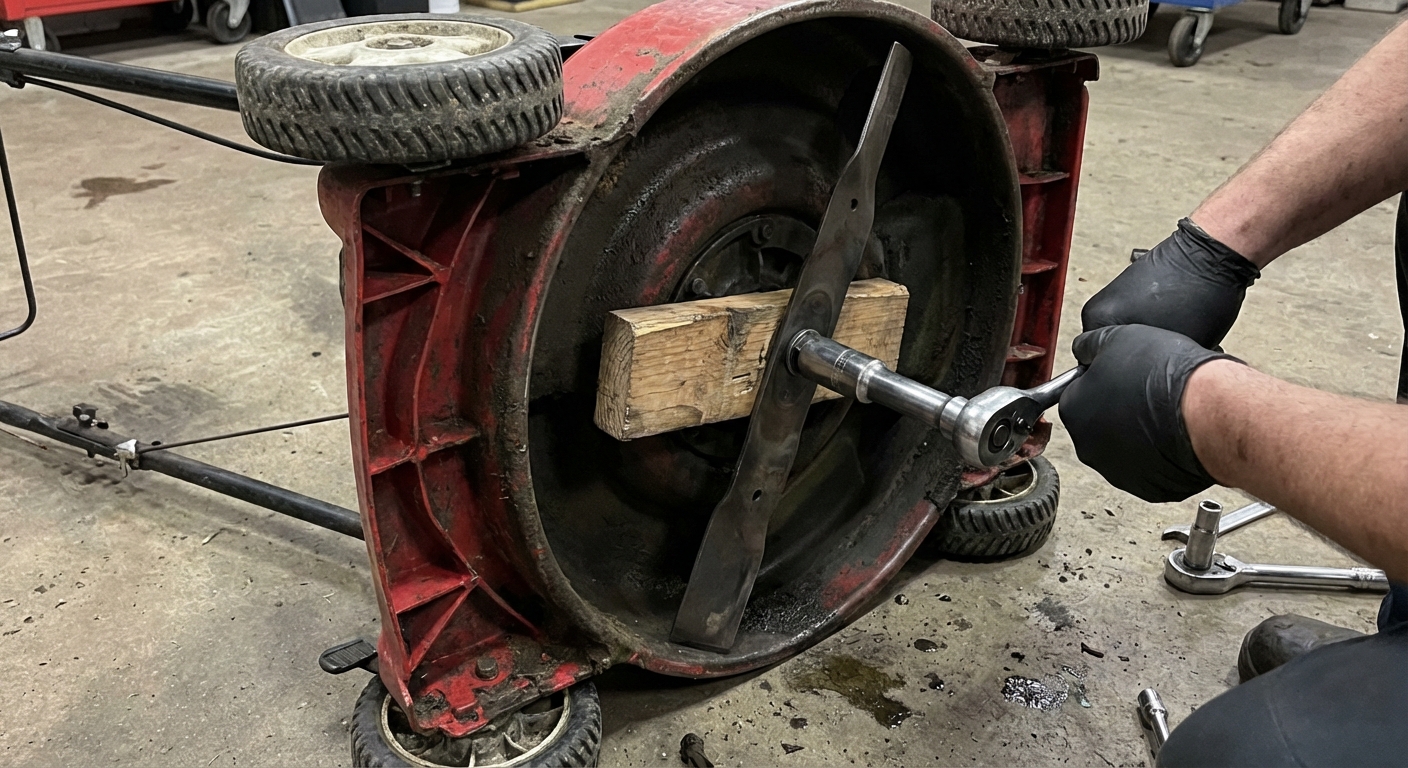 A close-up photo of a walk-behind lawn mower tipped on its side with a wood block wedged against the blade while a socket wrench loosens the center bolt, realistic workshop lighting