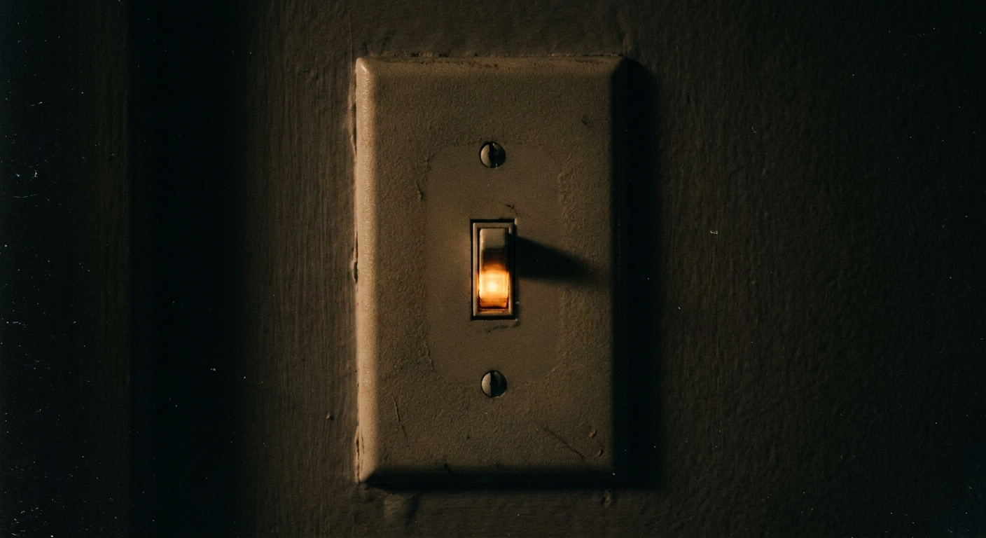 A close-up photo of a wall light switch with a small locator light glowing in a dark room, standard home electrical wall plate