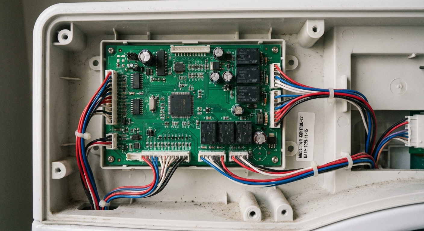 A close-up photo of a washing machine control board mounted inside the control panel area with wiring connectors visible, photorealistic