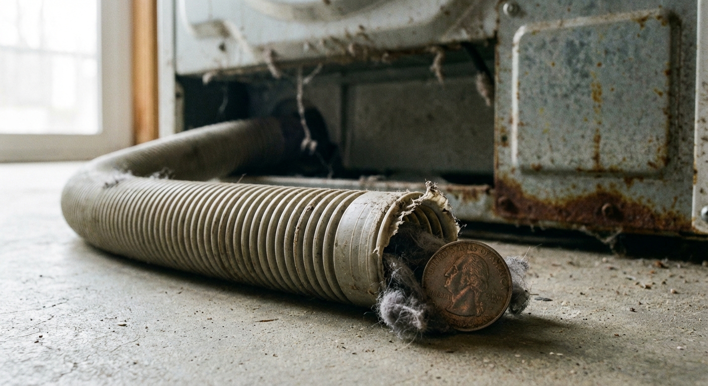 A close-up photo of a washing machine drain hose removed from the back of the washer with a small coin and lint visible near the opening, photorealistic
