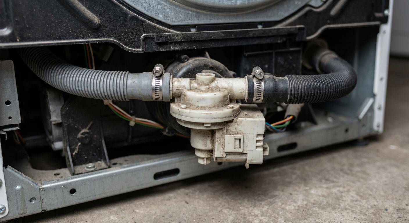 A close-up photo of a washing machine drain pump mounted inside the lower front area of the washer with hoses attached, photorealistic
