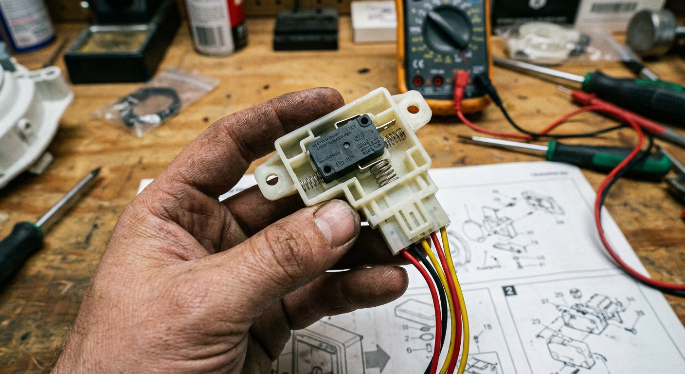 A close-up photo of a washing machine lid switch assembly held in a person’s hand with a wiring connector visible, taken on a workbench