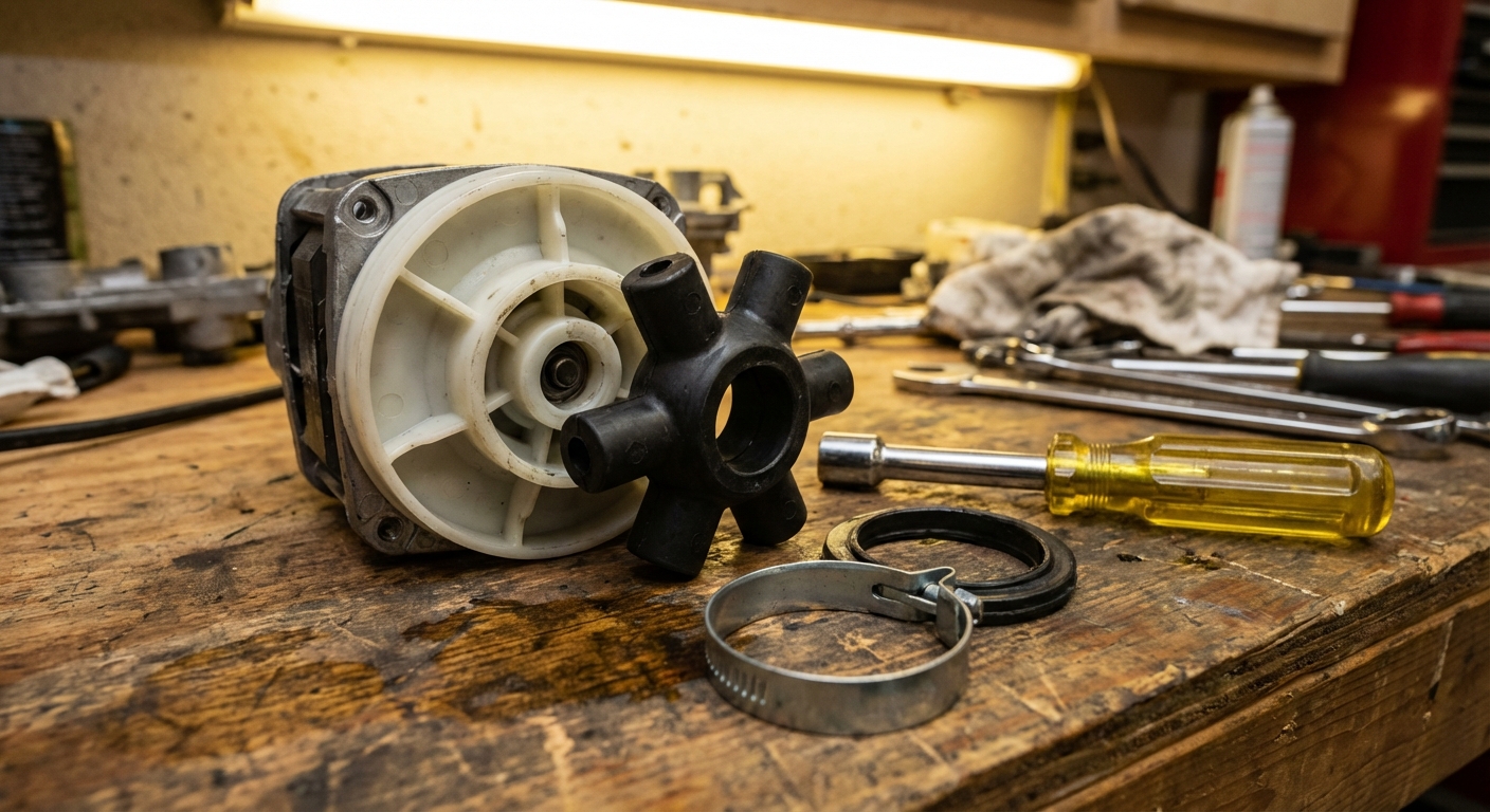 A close-up photo of a washing machine motor coupling parts laid out on a workbench next to a nut driver, realistic workshop lighting
