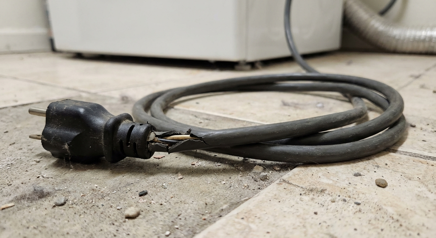 A close-up photo of a washing machine power cord with visible cracking near the plug, lying on a laundry room floor, photorealistic