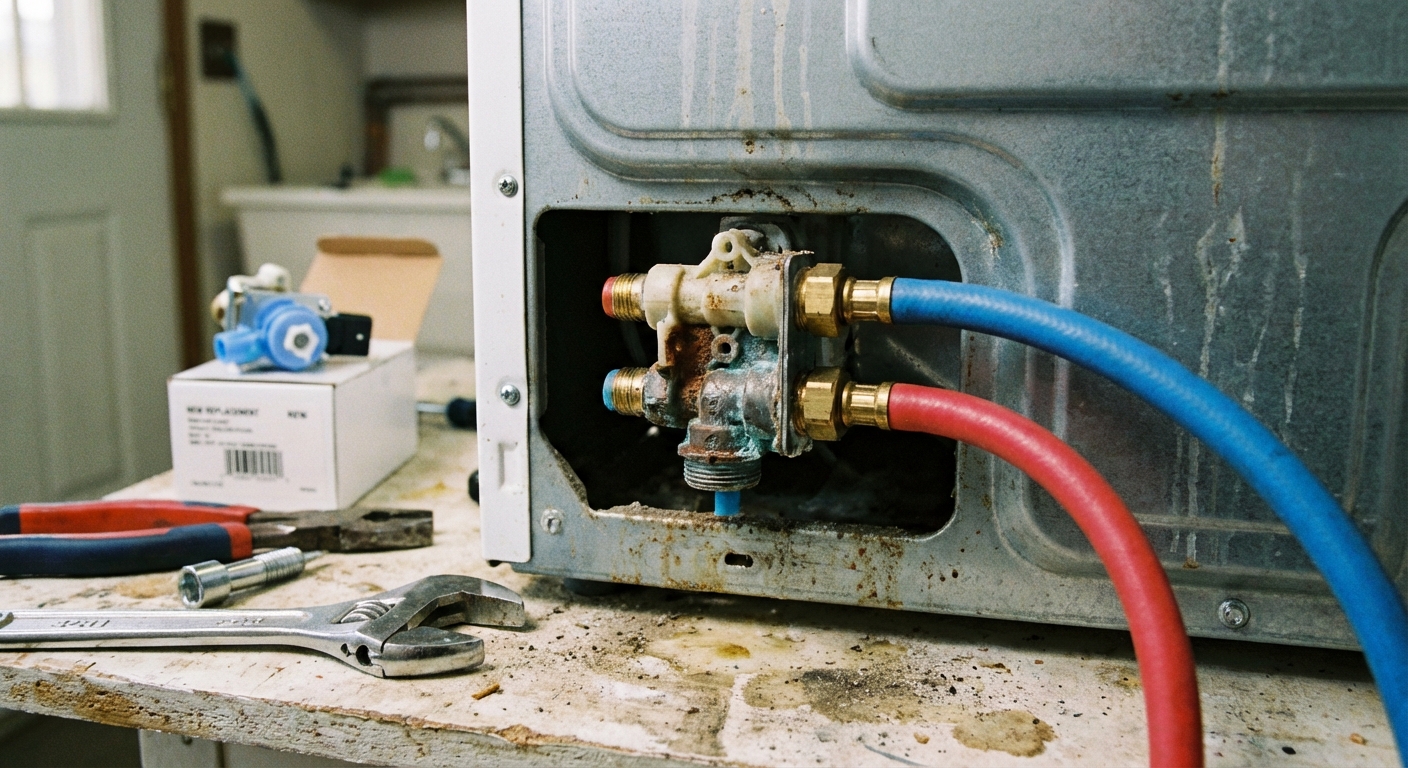 A close-up photo of a washing machine water inlet valve assembly at the back of the washer with hot and cold hose connections visible, photorealistic home appliance repair scene