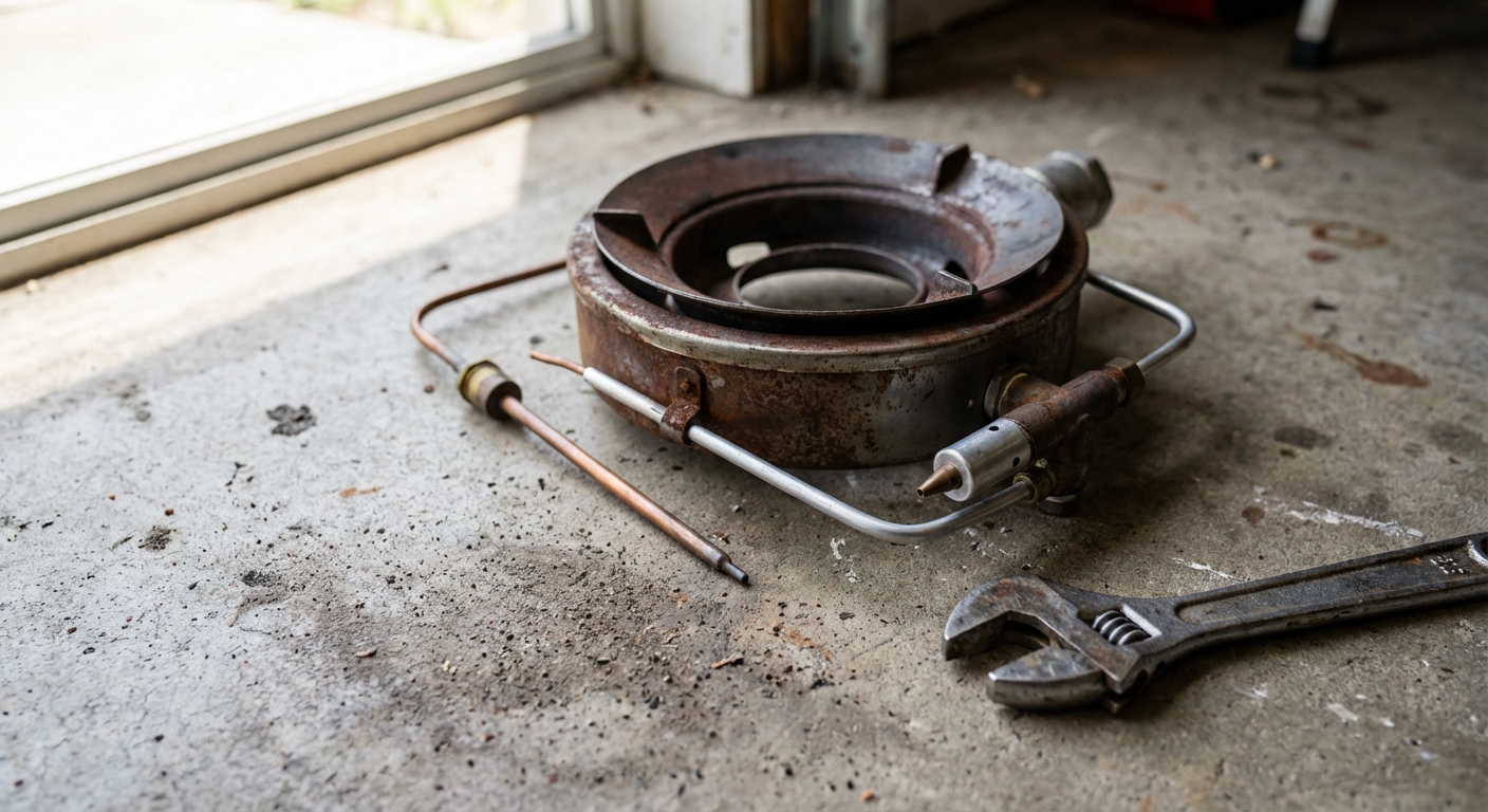 A close-up photo of a water heater burner assembly removed from the tank, showing the thermocouple tip and pilot burner, lying on a concrete floor with a wrench nearby, natural workshop lighting