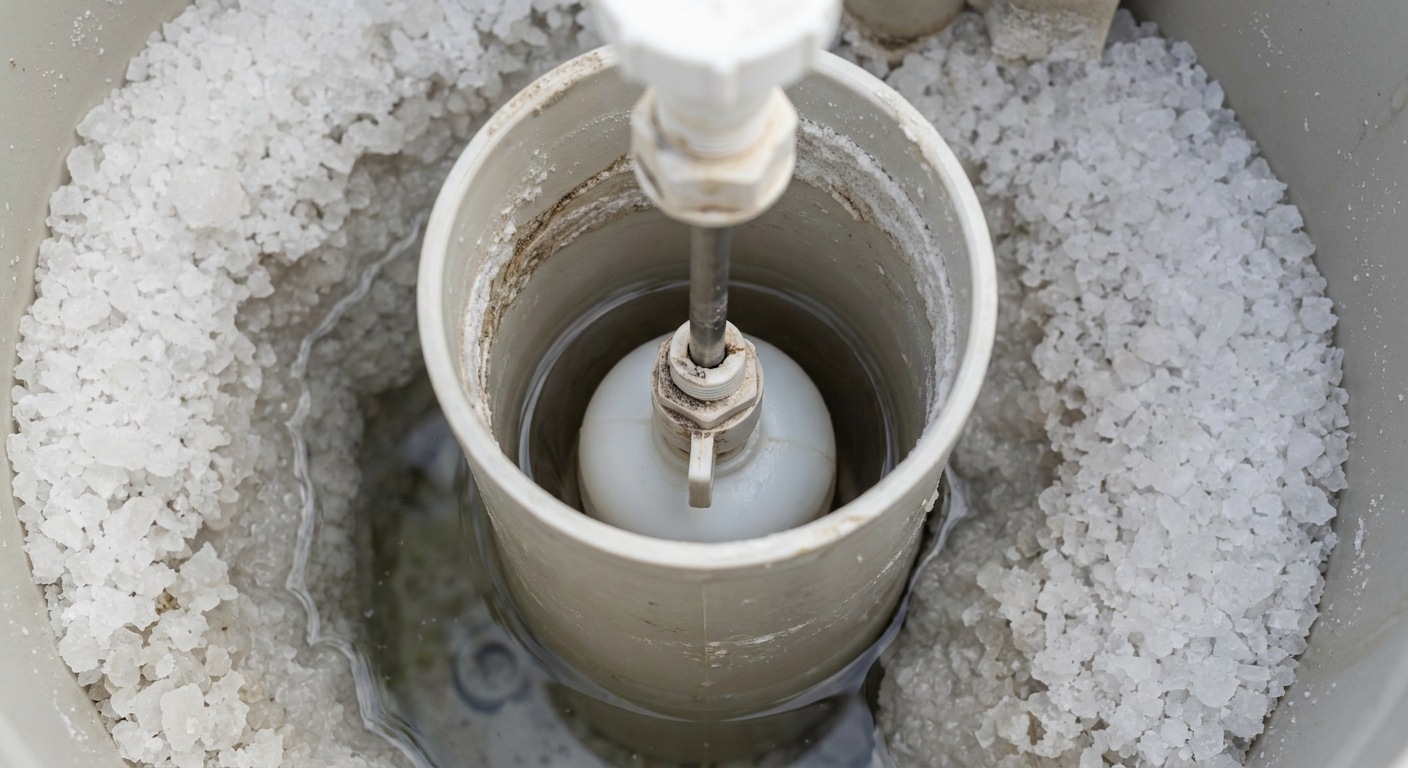 A close-up photo of a water softener brine well with the float assembly visible inside the brine tank