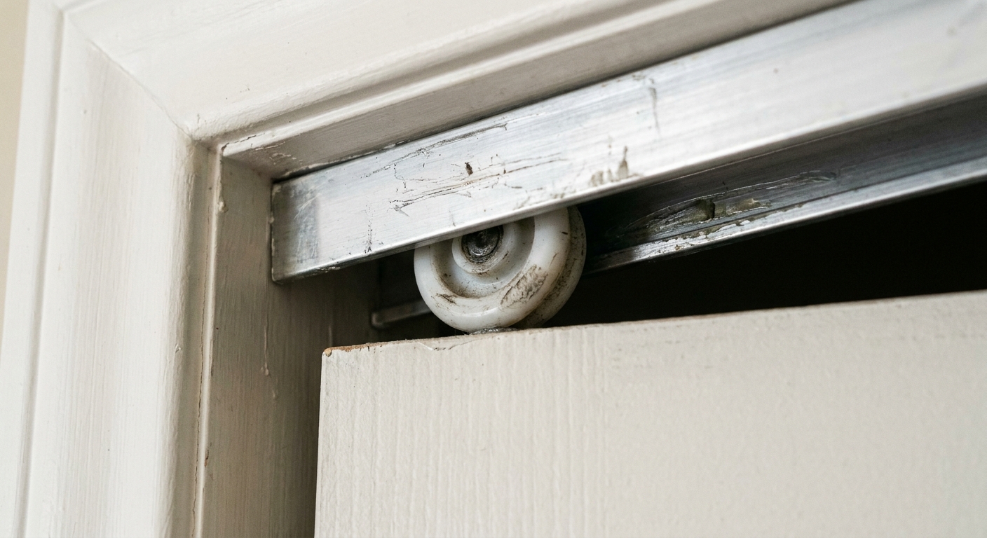 A close-up photo of a white plastic top guide roller on a bifold door aligned under a metal top track inside a closet opening