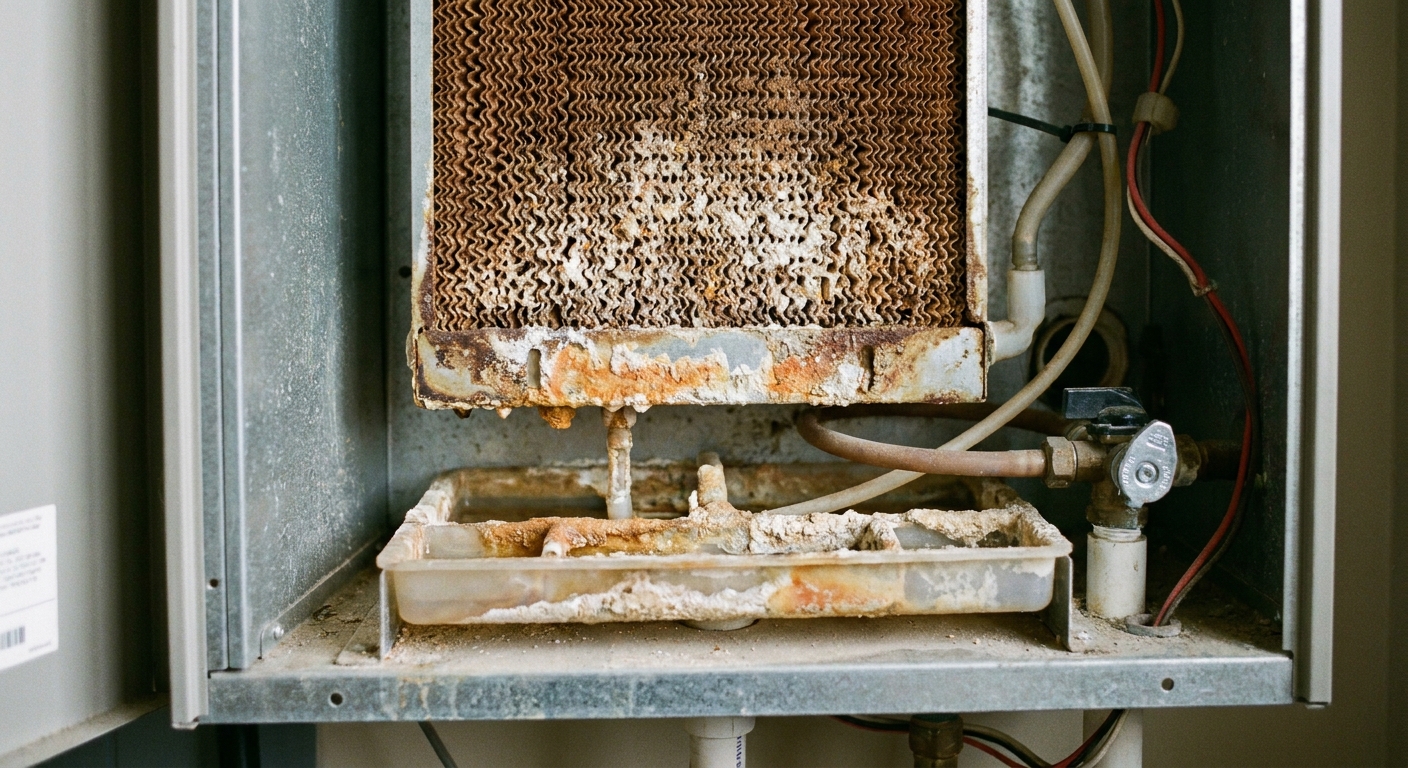A close-up photo of a whole-house humidifier opened to show a mineral-stained evaporator pad and water distribution tray inside the cabinet