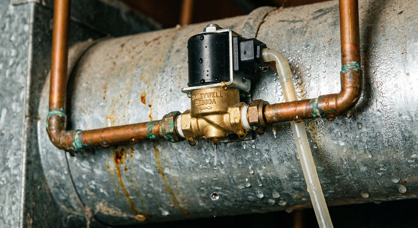 A close-up photo of a whole-house humidifier solenoid valve mounted on ductwork with water tubing attached, showing moisture beads forming near the valve outlet