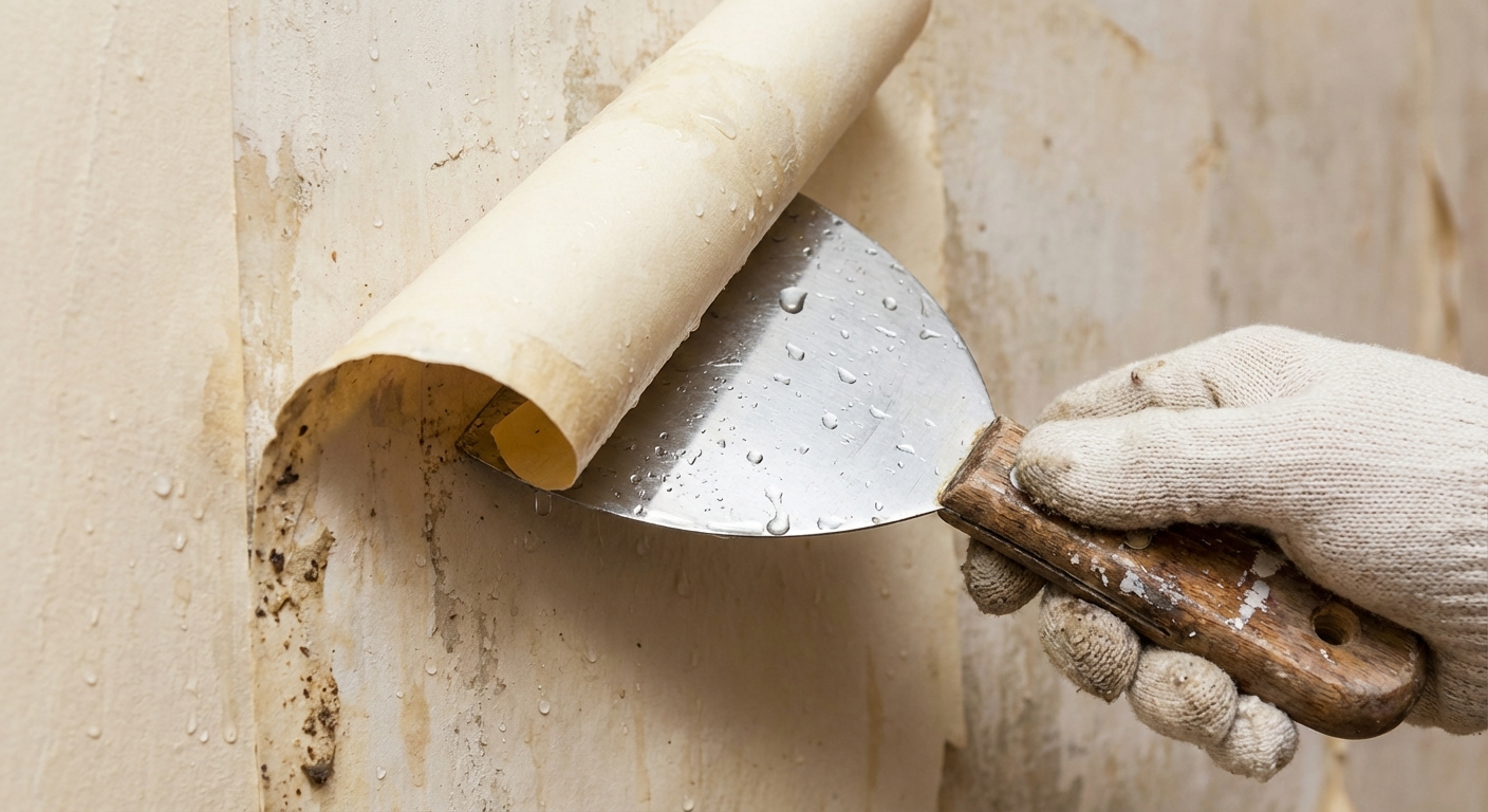 A close-up photo of a wide putty knife scraping softened wallpaper backing from an interior wall, with damp curled paper lifting away and small water droplets visible, realistic home renovation scene