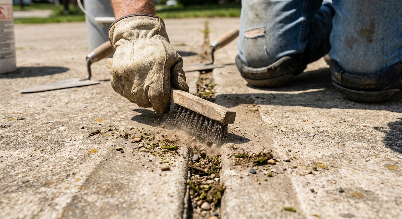 A close-up photo of a wire brush cleaning debris out of a narrow concrete crack