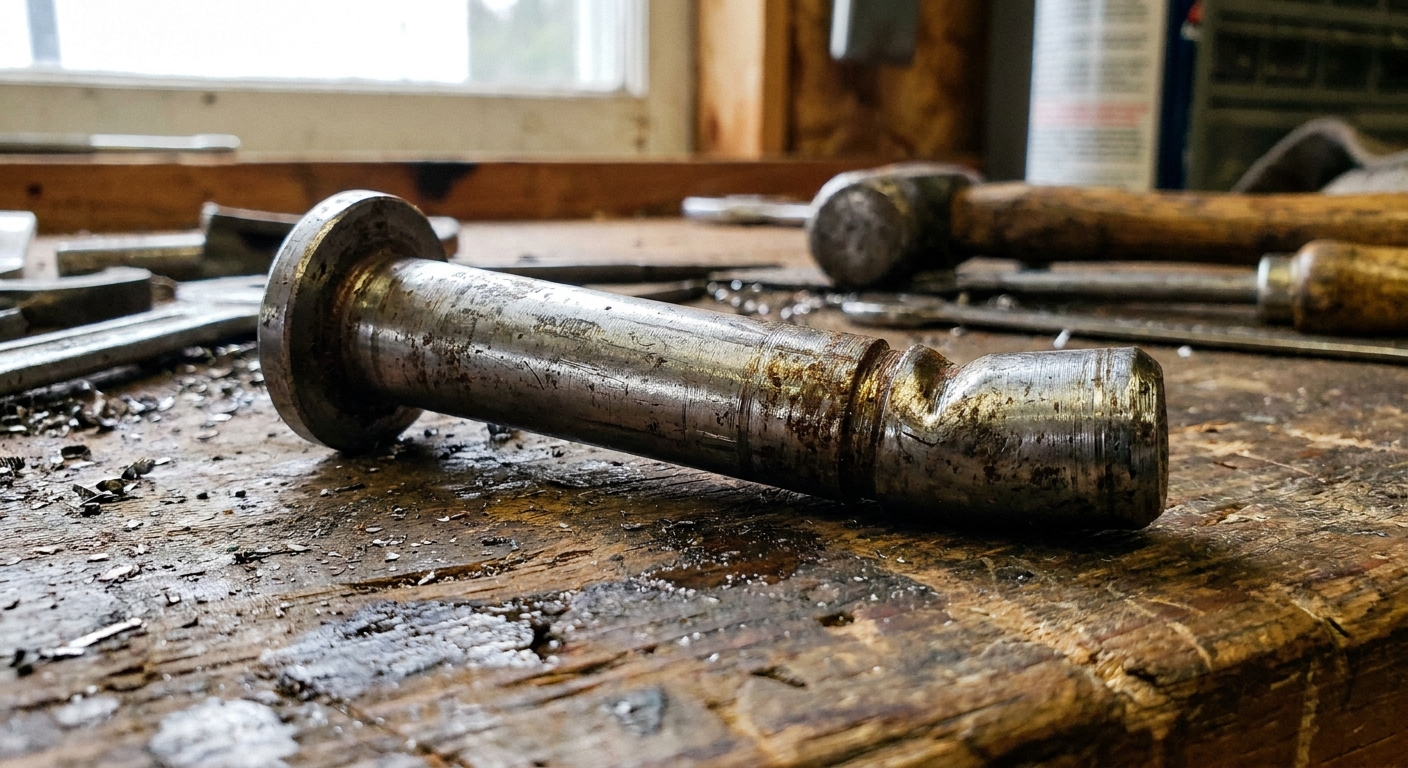 A close-up photo of a worn metal bifold door pivot pin with scuff marks and slight bending on the tip resting on a workbench