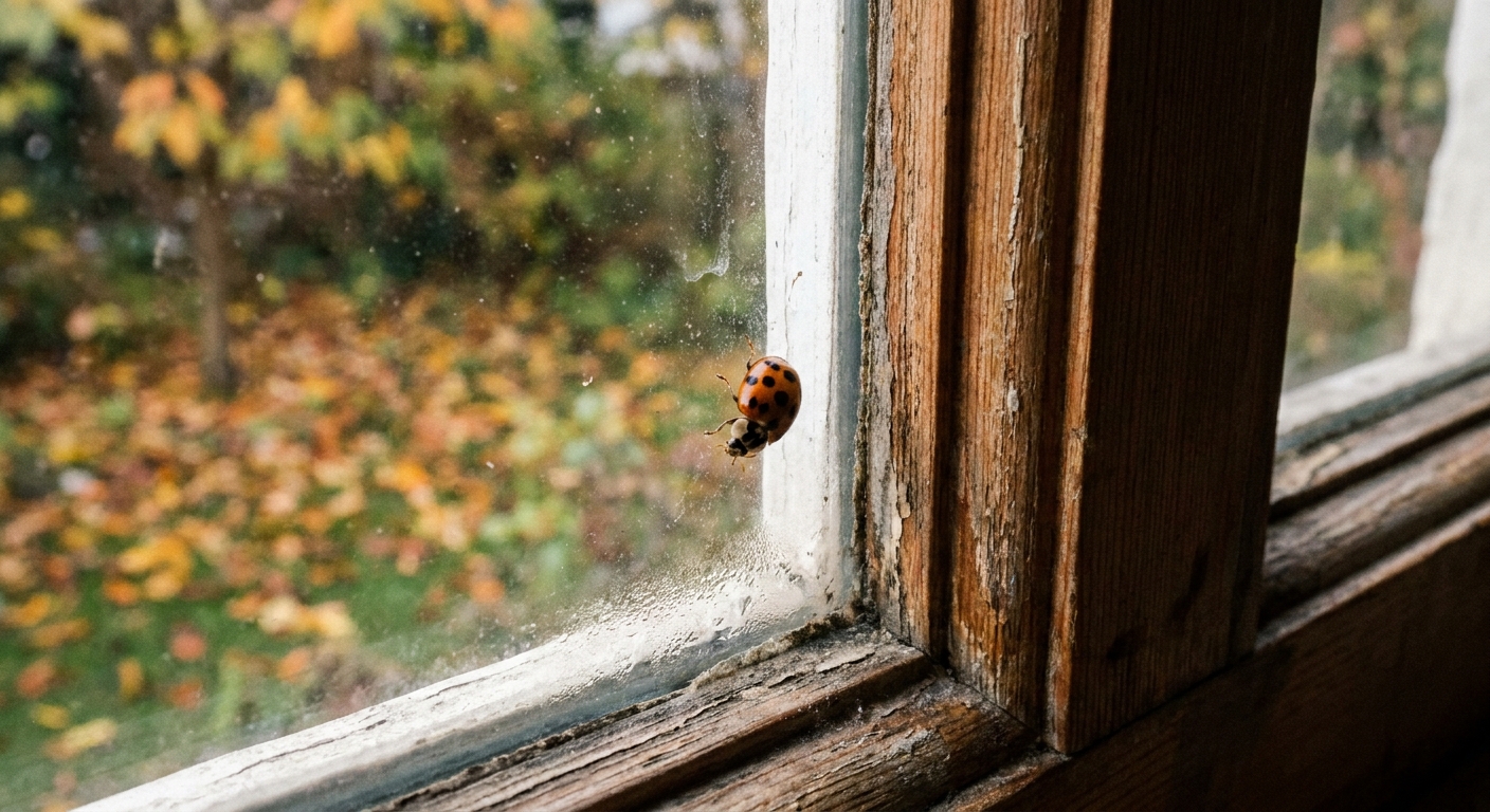 A close-up photo of an Asian lady beetle crawling on the inside of a window glass near the frame