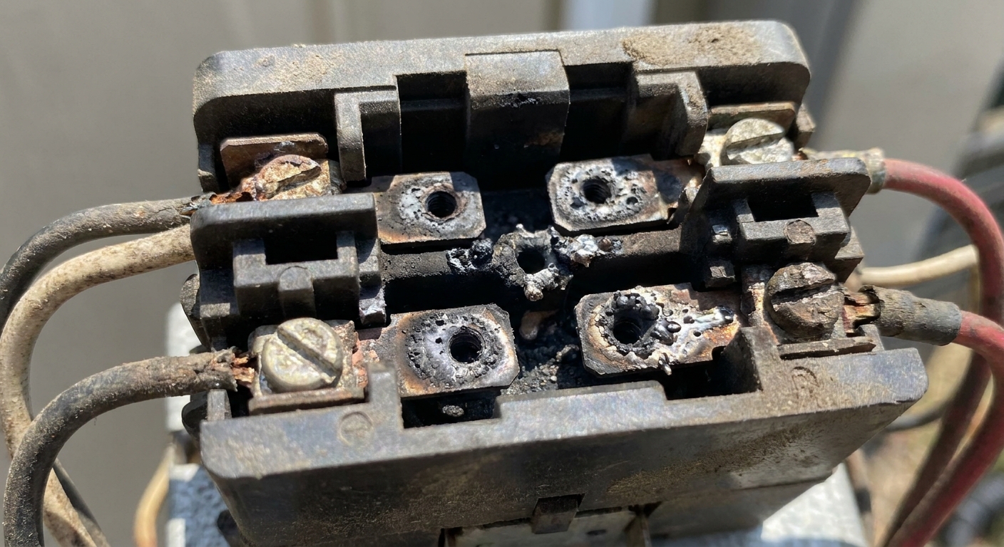 A close-up photo of an HVAC contactor showing visibly darkened, pitted contact points inside the electrical component