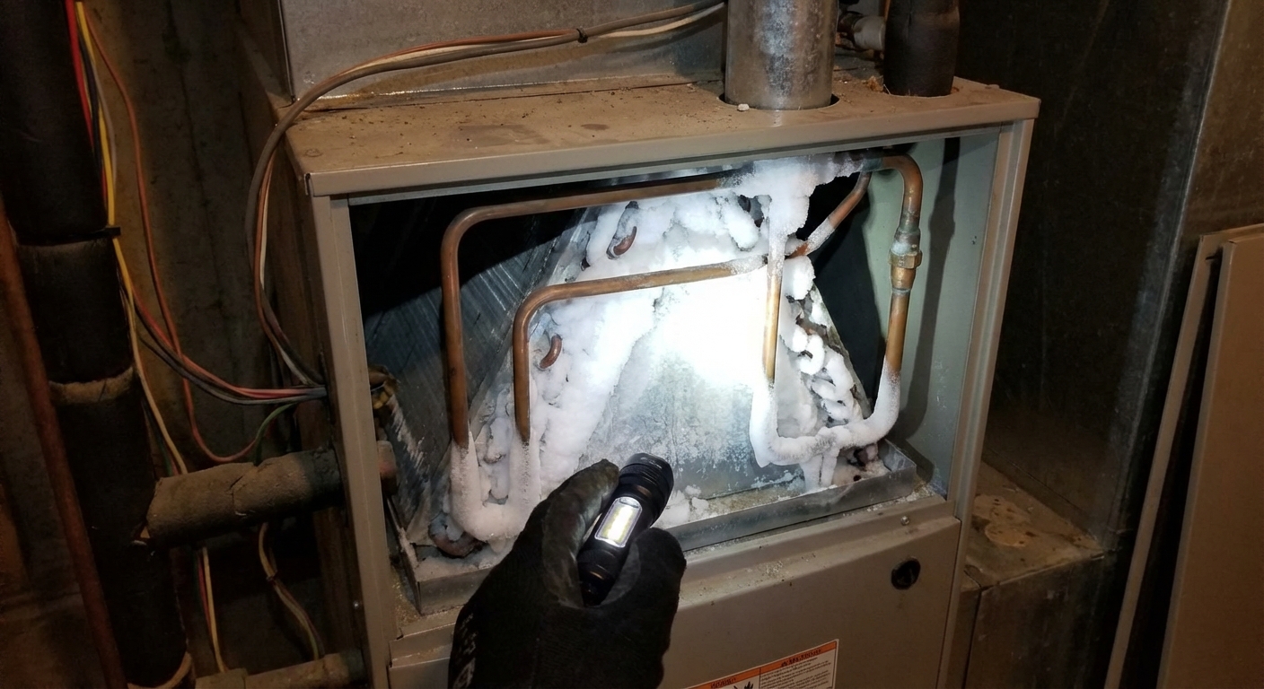 A close-up photo of an HVAC evaporator coil access panel opened to reveal frost and ice buildup on the copper lines and coil area inside a basement utility room, flashlight-lit