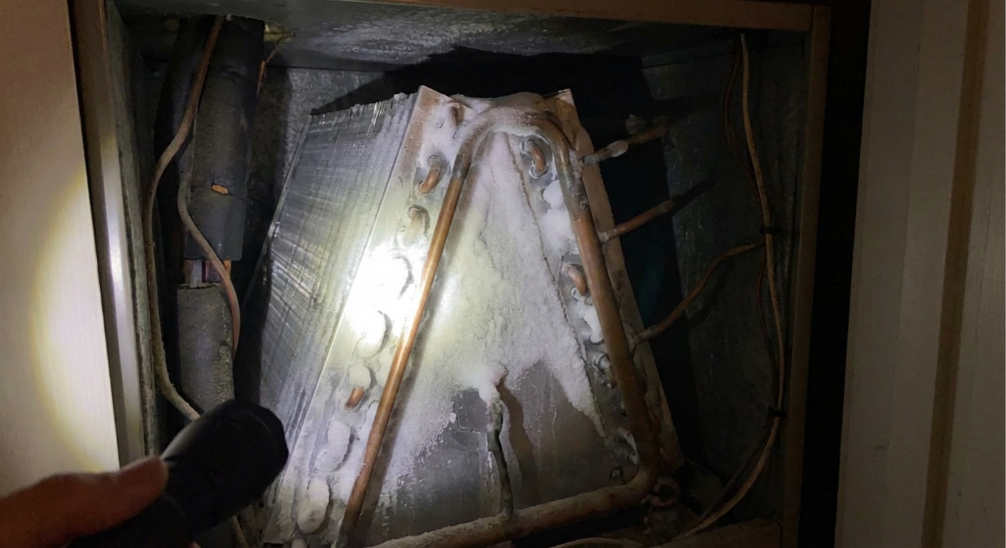 A close-up photo of an HVAC evaporator coil inside an air handler with visible frost and ice buildup on the metal fins, taken in a dim utility closet with a flashlight-like light source