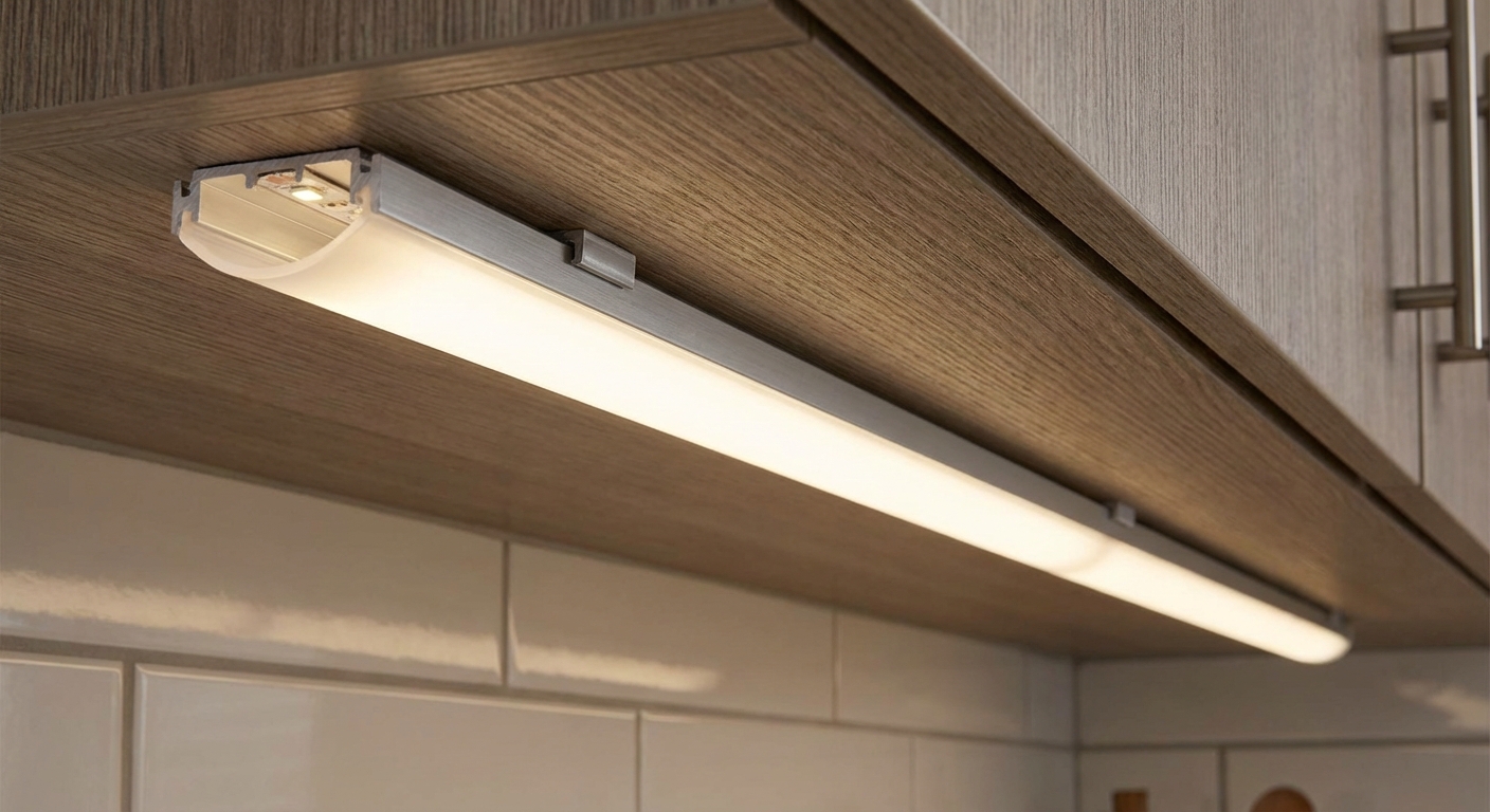 A close-up photo of an LED strip installed inside an aluminum channel with a frosted diffuser mounted under a kitchen cabinet, showing an even line of light