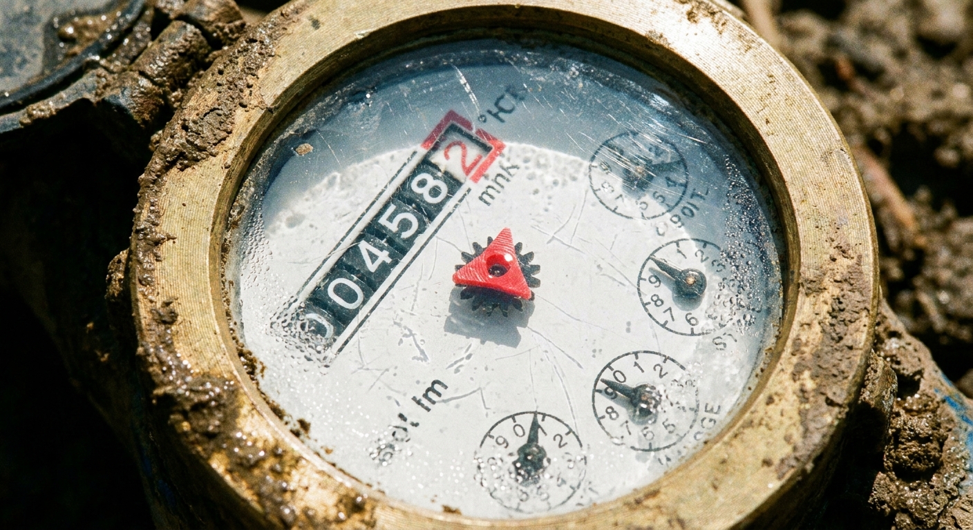 A close-up photo of an analog water meter face showing a small triangular leak indicator and numbered dials under bright daylight