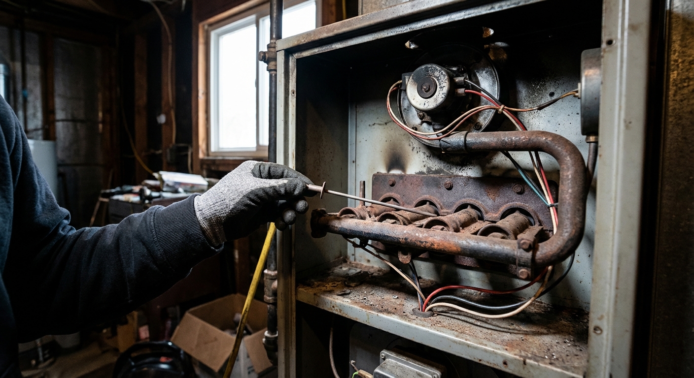 A close-up photo of an open gas furnace showing a technician-style hand holding a small metal flame sensor rod near the burner assembly, realistic indoor mechanical room photo