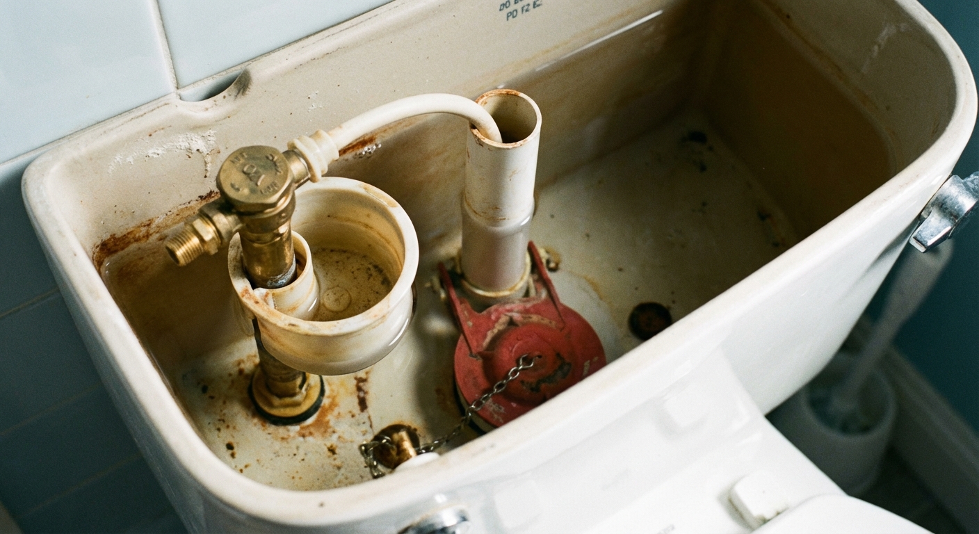 A close-up photo of an open toilet tank showing the fill valve on the left, the overflow tube in the center, and the flapper at the bottom, shot in natural bathroom light