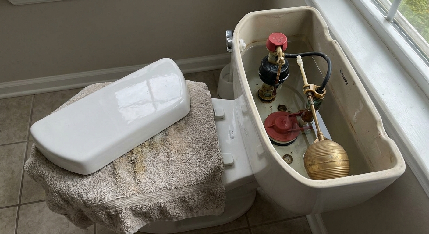 A close-up photo of an open toilet tank with the lid set aside on a towel and the flapper and fill valve visible