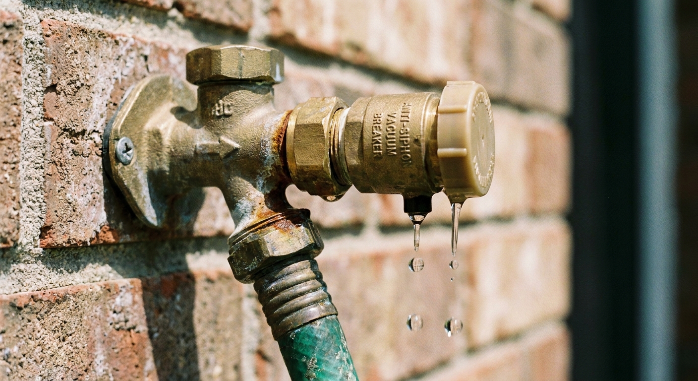 A close-up photo of an outdoor hose bib with an anti-siphon vacuum breaker on the outlet body, showing water dripping from the small vent opening beneath the cap