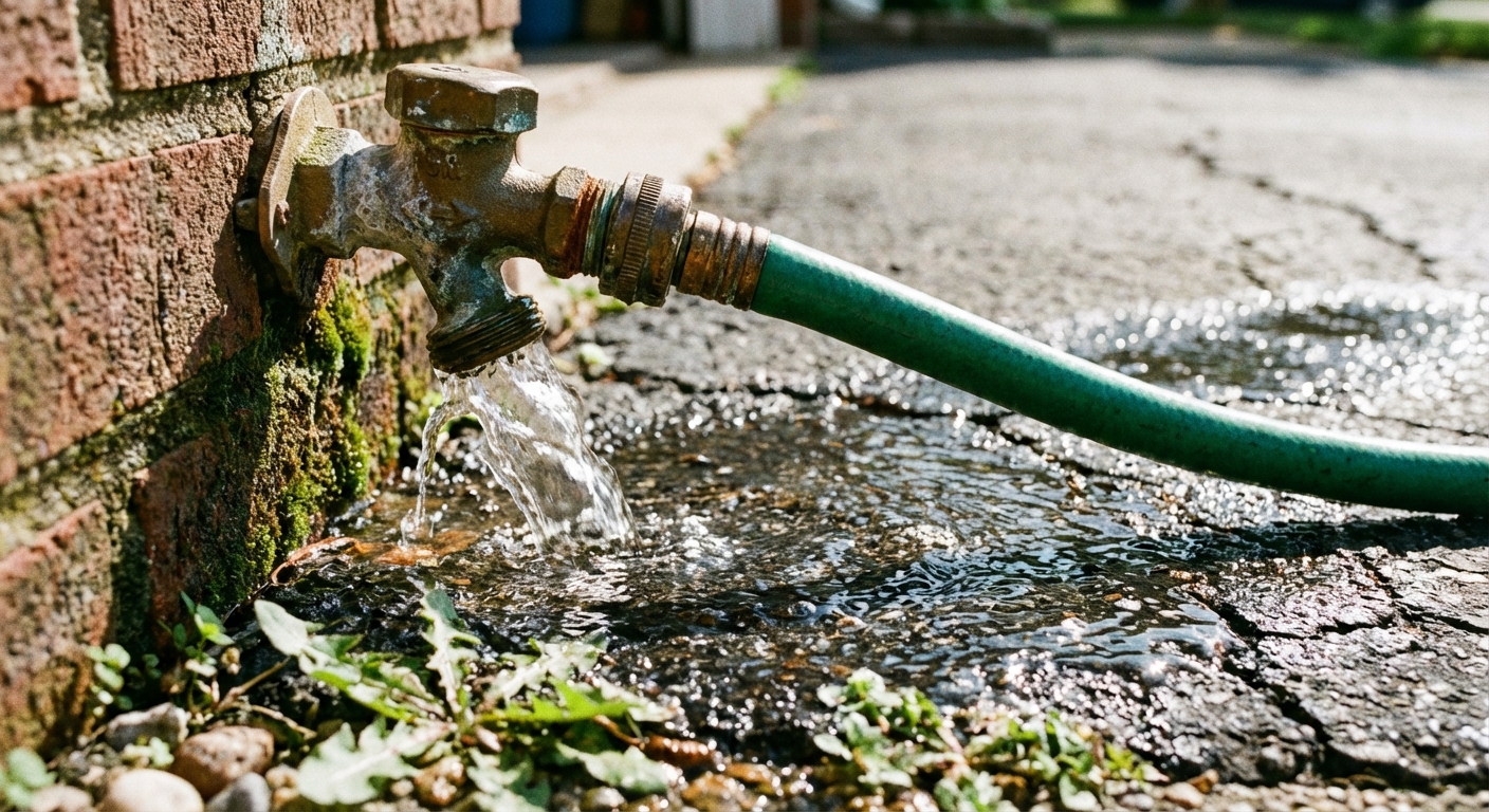 A close-up photo of an outdoor spigot with a garden hose connected, water running onto a driveway