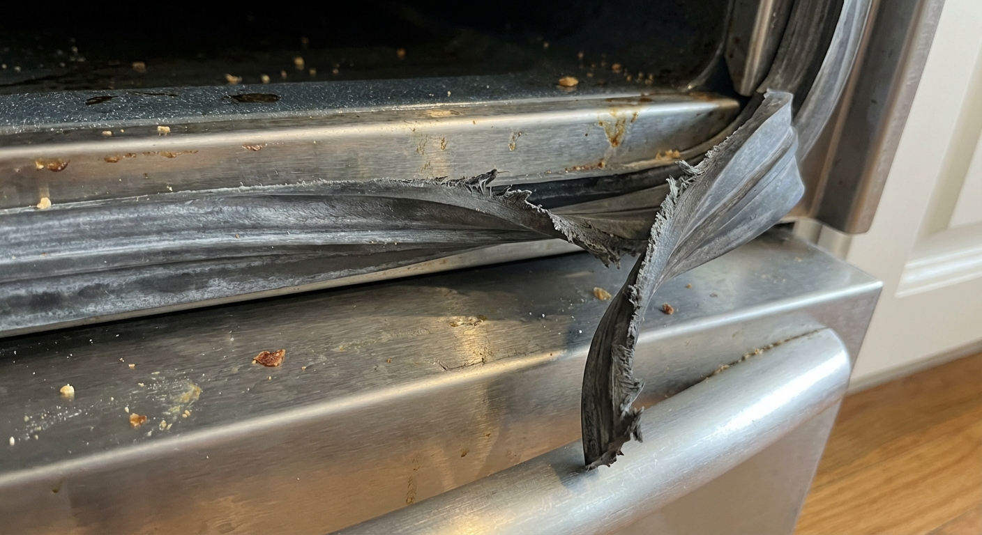 A close-up photo of an oven door gasket along the oven frame, showing a section that is torn and pulling away, natural kitchen lighting, photorealistic