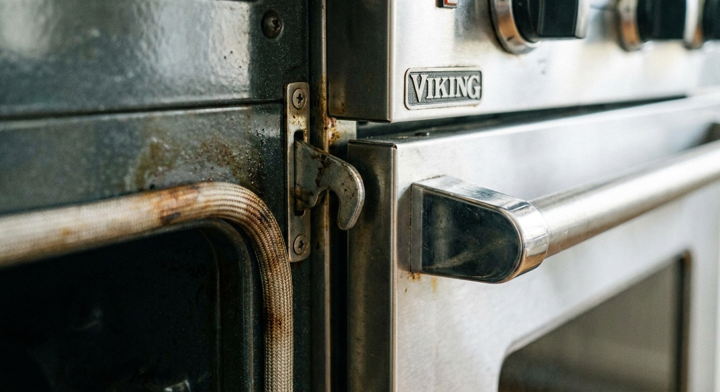 A close-up photo of an oven door latch area on a kitchen range, showing the latch mechanism and the door edge aligned to close