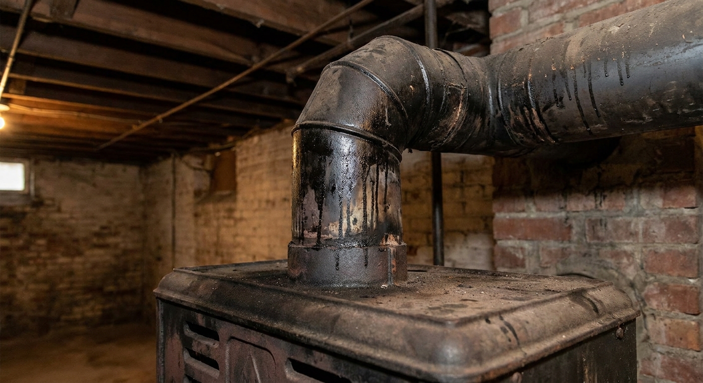 A close-up photo of black soot staining around the metal vent pipe connection above an oil furnace in a basement