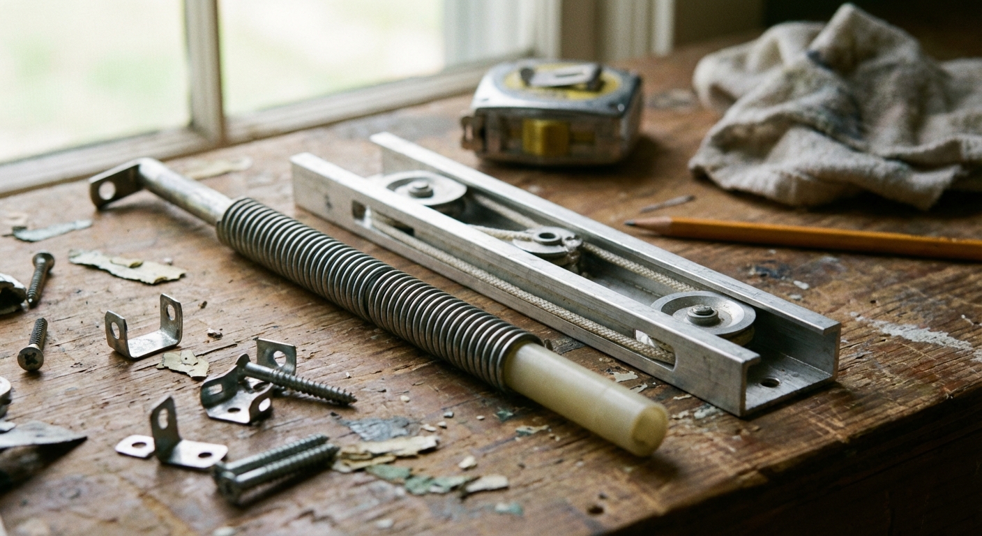 A close-up photo of common double-hung window balance parts on a workbench, including a spiral balance rod and a block-and-tackle balance channel with screws nearby, shallow depth of field, realistic DIY repair scene