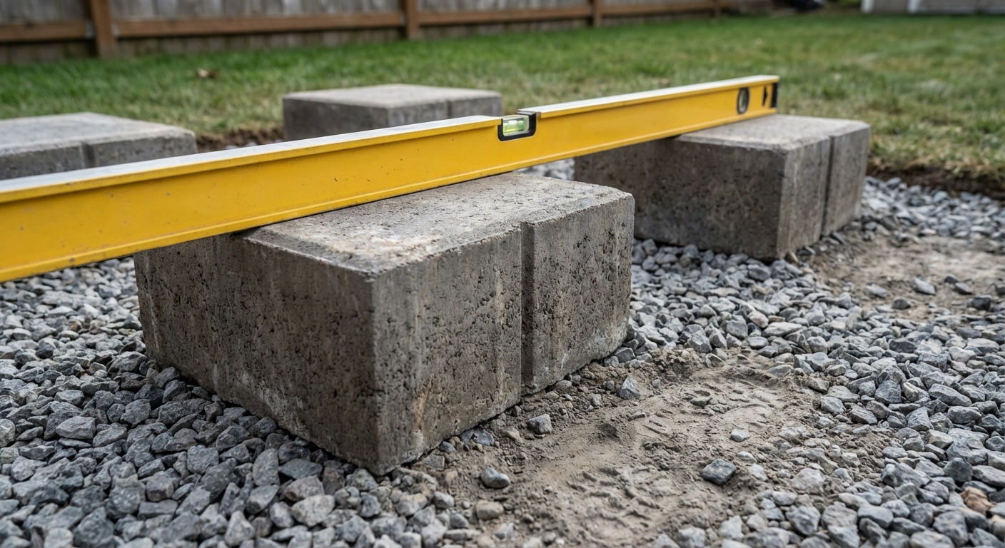 A close-up photo of concrete deck blocks set on compacted gravel in a backyard, with a level resting across two blocks, natural daylight