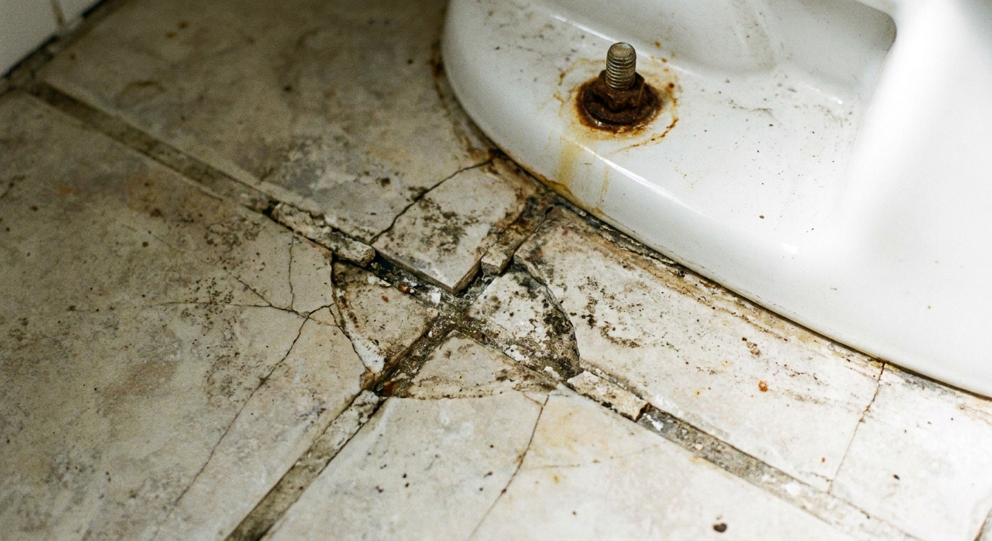 A close-up photo of cracked grout lines between ceramic floor tiles in a bathroom near a toilet base
