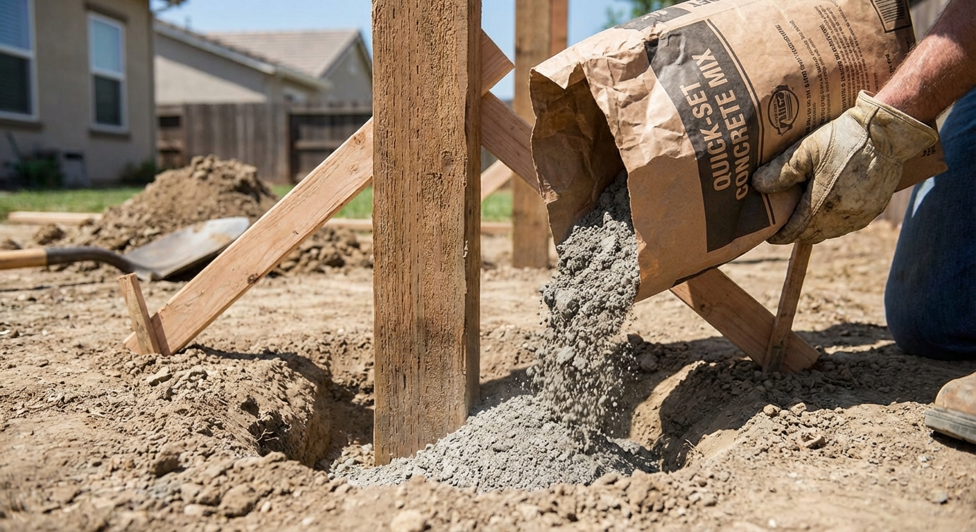 A close-up photo of dry concrete mix being poured from a bag into a post hole around a straightened wood fence post, DIY home repair, photorealistic