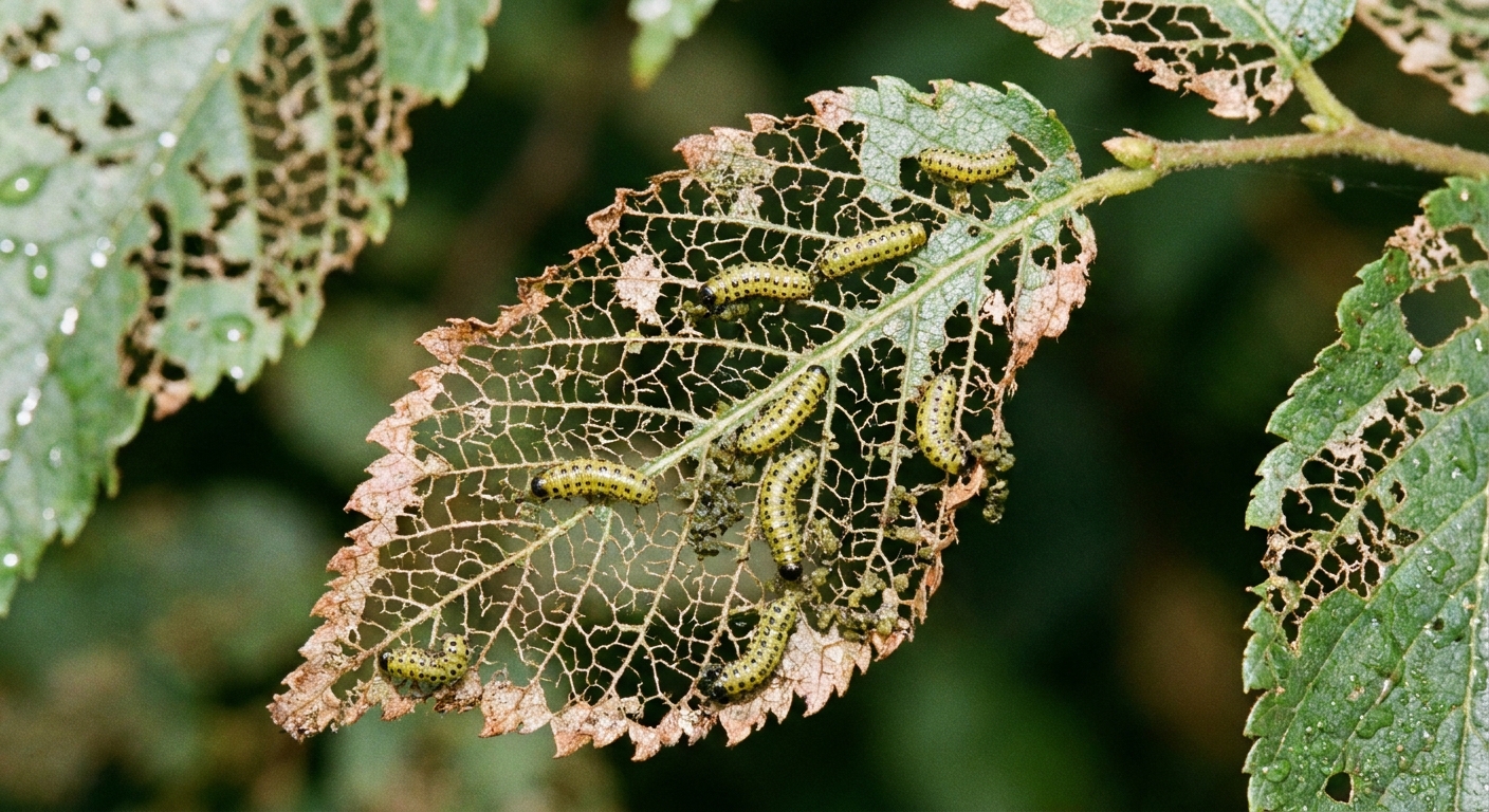 A close-up photo of elm leaf beetle larvae feeding on an elm leaf, with chewed leaf tissue visible