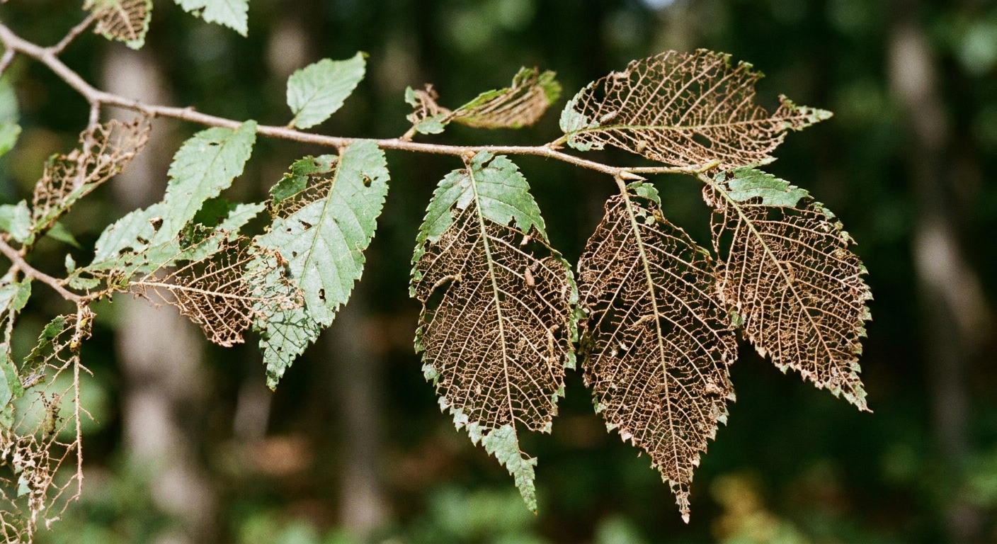 A close-up photo of elm leaves on a branch showing skeletonized feeding damage with the veins left behind