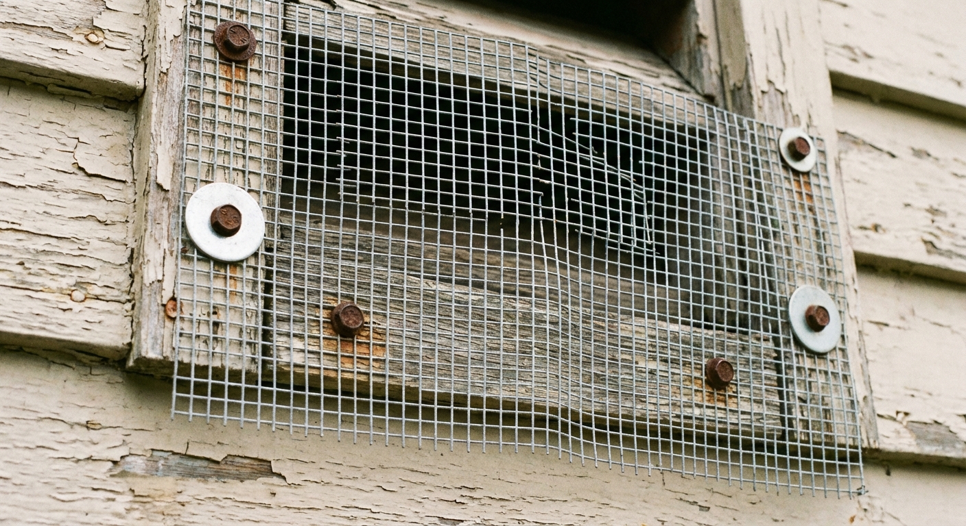 A close-up photo of galvanized hardware cloth fastened over an attic vent opening with screws and washers on a home exterior