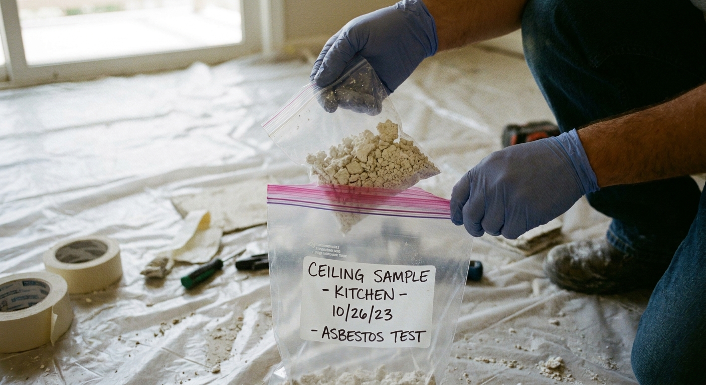 A close-up photo of gloved hands sealing a small bag of ceiling texture sample and placing it into a second labeled sealable bag on a plastic-covered floor